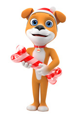 Cheerful New Year's dog 2018 on a white background with bone candy. 3d render illustration.