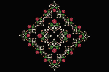 Square pattern for embroidery napkins with bouquets of flowers and clover leaves on black background
