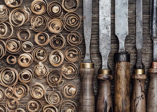 Carpentry tools on the workbench
