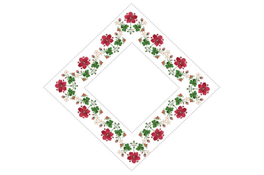 Frame of red beads with embroidery bouquets of flowers and clover leaves on white background



