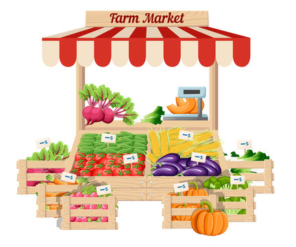 Front view market wood stand with farm food and vegetables in open box vector with weights and price tags illustration isolated on white background
