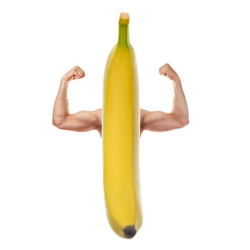 banana with muscular arms. Concept of healthy lifestyle, diet