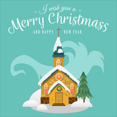 merry christmas and happy new year card, church and green tree under snow, christianity and Catholic winter city cathedral vector illustration, religious holy background
