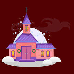 Fototapeta premium merry christmas and happy new year card, church and green tree under snow, christianity and Catholic winter city cathedral vector illustration, religious holy background