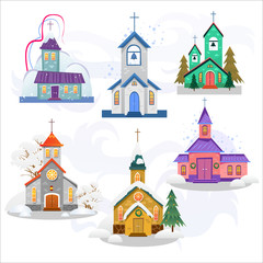 merry christmas and happy new year card, church and green tree under snow, christianity and Catholic winter city cathedral vector illustration, religious holy background