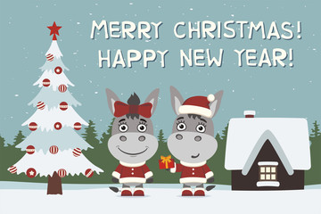 Merry Christmas and Happy New Year! Greeting card: two donkeys, boy and girl, with gift near Christmas tree.