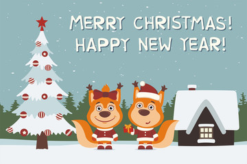 
Merry Christmas and Happy New Year! Greeting card: two squirrels, boy and girl, with gift near Christmas tree.