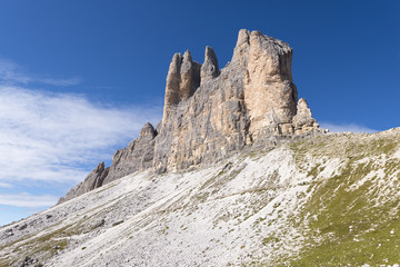 Italien, Dolomiten, Hochpustertal, Naturpark Drei Zinnen, die Drei Zinnen von Westen.