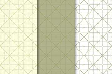 Polygonal seamless patterns. Olive green set of geometric backgrounds