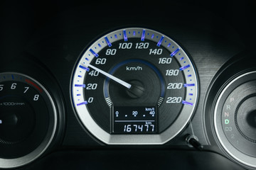 Fototapeta premium car interior background with interface and dashboards blue glow lighted. image for vehicle, transport concept