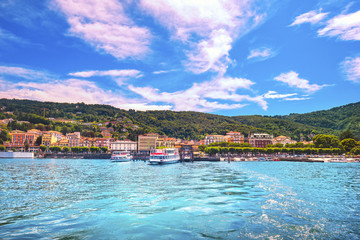Fototapeta na wymiar Stresa ferry port and skyline in Maggiore lake. Piedmont Italy