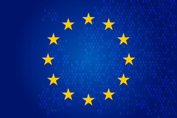 eu flag and binary future technology map, blue cyber security concept background. vector