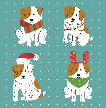 Christmas cute white dogs with brown spots.
