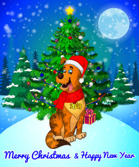 Merry Christmas greeting card with cute dog on forest and snowflakes background.