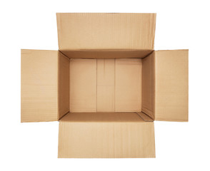 High angle view of an empty open cardboard box isolated on white background with copy space