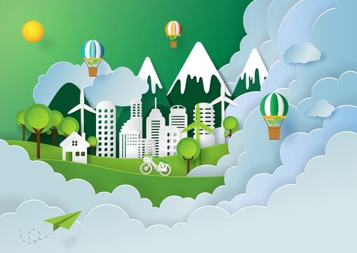 Paper art style of nature landscape and green eco city of renewable energy with environment conservation creative concept idea.Vector illustration.