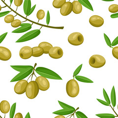 Seamless pattern green olives branch with leaves healthy vegetables and vegetarian fresh organic food vector illustration on white background web site page and mobile app design