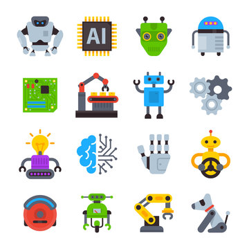 Robot icons vector set logo robotic machine technology robocop cartoon character AI artificial Intelligence robotechnic illustration isolated on white background.