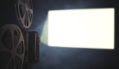 Vintage movie projector is projecting blank screen on wall. 3D rendered illustration.