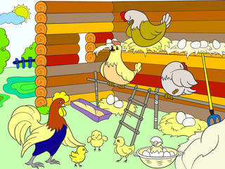 Chicken coop. Interior and life of birds in the chicken coop for children cartoon vector illustration © toricheks