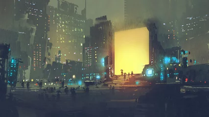 Foto op Plexiglas nachtlandschap van futuristische stad met veel mensen in teleportstation, digitale kunststijl, illustratieschilderij © grandfailure