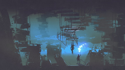 a child with a flaming torch standing in weird city with upside down buildings, digital art style, illustration painting