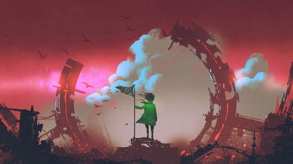 a girl with flag standing on ruins of city looking at clouds in the red sky, digital art style, illustration painting © grandfailure