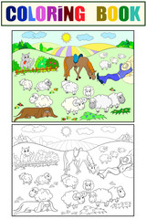 Pasture sheep with a shepherd and dog coloring for children cartoon vector illustration