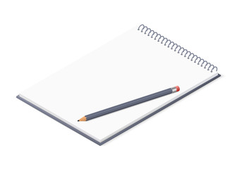 Opened notepad with pencil. Sketchbook or diary. Isometric vector illustration