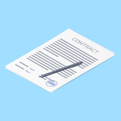 Contract agreement paper blank with stamp signature and pen. Isometric Vector illustration