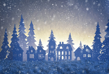 Paper winter landscape with village and Christmas trees in snow night.