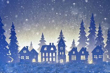 Fototapeta premium Paper winter landscape with village and Christmas trees in snow night.