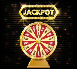 Gold realistic fortune wheel 3d object isolated on dark background with jackpot text. lucky fortune wheel e vector illustration