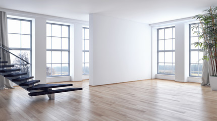 Naklejka na ściany i meble Modern bright interiors empty room 3D rendering illustration