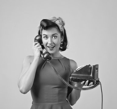 Beautiful Woman  With Vintage Phone.