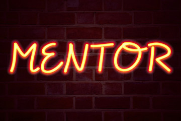 Mentor neon sign on brick wall background. Fluorescent Neon tube Sign on brickwork Business concept for Guide Teacher Coach Instructor Counsellor Tutor 3D rendered