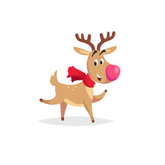 Cartoon dancing or running reindeer with scarf and big red nose.  Vector Christmas illustration for greeting card and invitations.