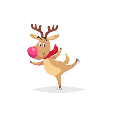 Cartoon Cute Reindeer With Big Red Nose And Scarf Skates. Christmas And Winter Symbold. Great For Greeting Cards And Invitations. Vector Illustration.