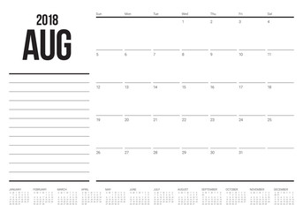 August 2018 planner calendar vector illustration