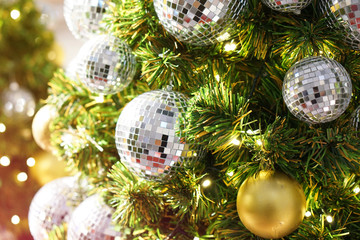 Fir tree x-mas with white christmas balls, New Year or Abstract Christmas background.	