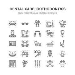 Dentist, orthodontics line icons. Dental equipment, braces, tooth prosthesis, veneers, floss, caries treatment medical elements. Health care thin linear signs for dentistry clinic Pixel perfect 64x64.