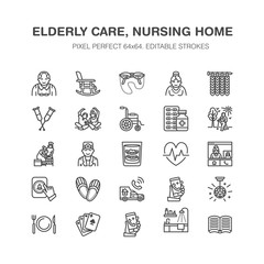 Elderly care vector flat line icons. Nursing home elements - old people activity, wheelchair, health check, hospital call button, grandfather, grandmather, doctor. Pixel perfect 64x64.