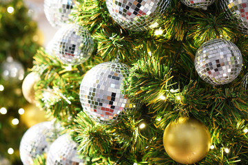 Fir tree x-mas with white christmas balls, New Year or Abstract Christmas background.	
