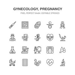 Gynecology, obstetrics vector flat line icons. Pregnancy medical elements - baby ultrasound, in vitro fertilization, test, uterus, pregnant woman. Pixel perfect 64x64.