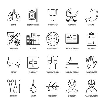Hospital, medical flat line icons. Human organs, stomach, brain, flu, oncology, plastic surgery, psychology breast cancer Health care clinic thin linear signs