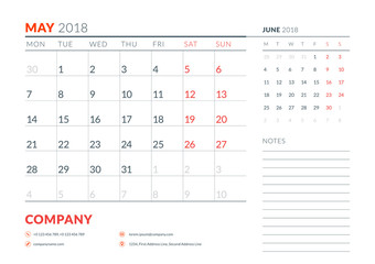 May 2018. Calendar planner design template. Week starts on Monday. Stationery design