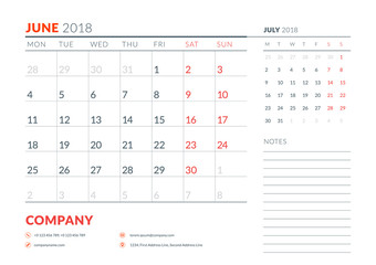 June 2018. Calendar planner design template. Week starts on Monday. Stationery design