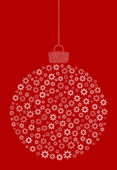 Vector hanging abstract Christmas ball consisting of line asterisk, flower icons on red background