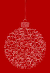 Vector hanging abstract Christmas ball consisting of line gift box icons on red background