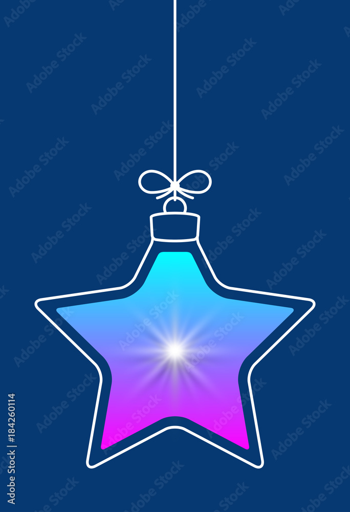 Leinwandbilder Vector hanging abstract colorful Christmas ball on a string with a bow consisting of multicolored gradient & snowflake, star on blue background
